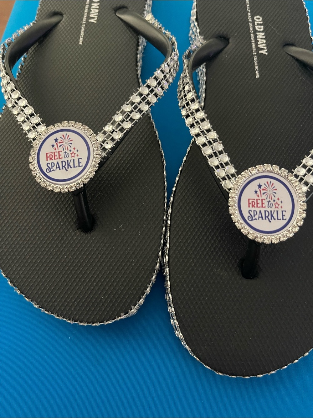 Old Navy Black Rhinestone-Embellished Flip Flops with Sparkle Medallions